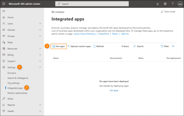Opening Microsoft AppSource in the Microsoft 365 admin center.
