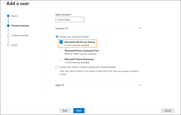 Assigning a product license to the new user.