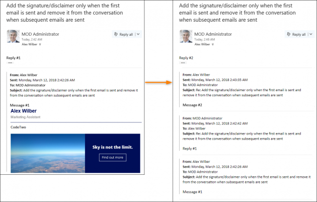 A signature is added to Alex's first email (conversation on the left) but is removed from the conversation when Alex sends a next email in this thread (conversation on the right).
