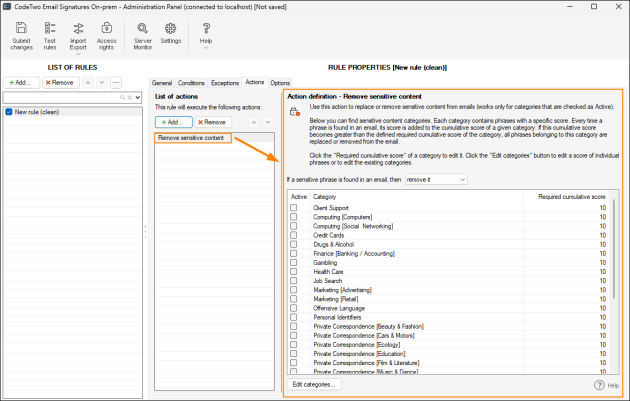 Properties of the Remove sensitive content action.
