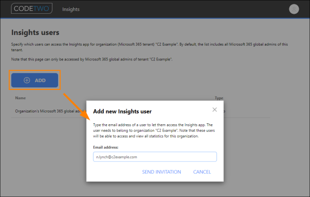 Adding a new CodeTwo Insights user.