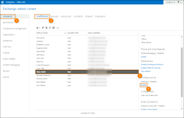 Accessing the archive mailbox settings for a single user in the Exchange admin center.