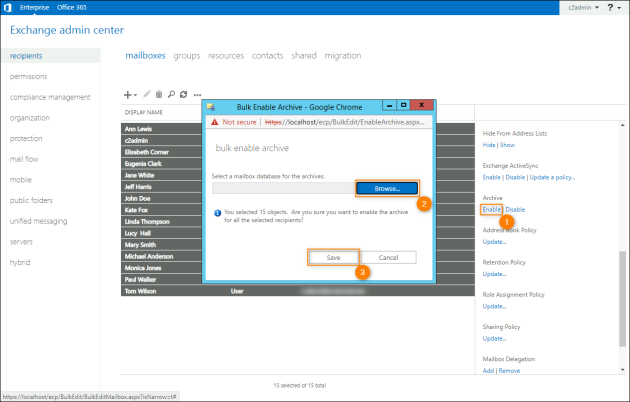 Enabling the archive mailbox for multiple users.