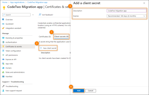 Creating a new client secret for an application registered in Azure AD.