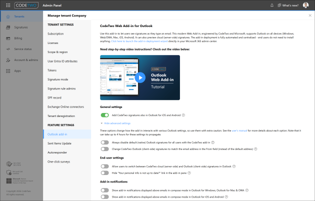 Add-in settings in CodeTwo Admin Panel.