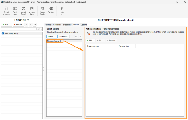 Properties pane of the Remove keywords action.