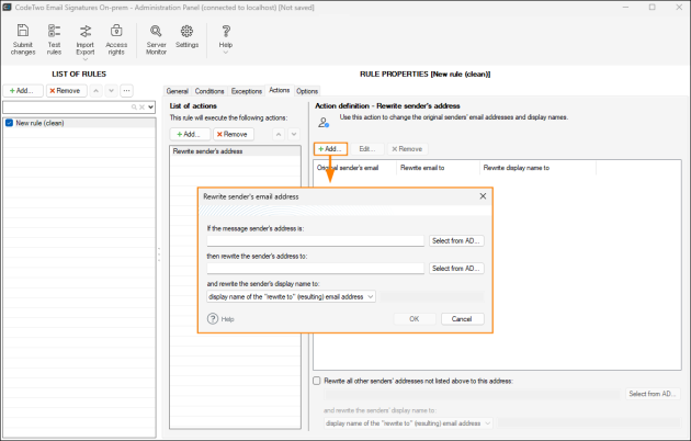 Sender address rewriting configuration window.