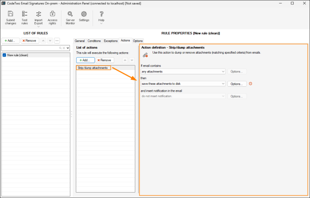 Properties pane of the Strip/dump attachments action.