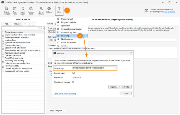 Locating the license key in CodeTwo Email Signatures On-prem.