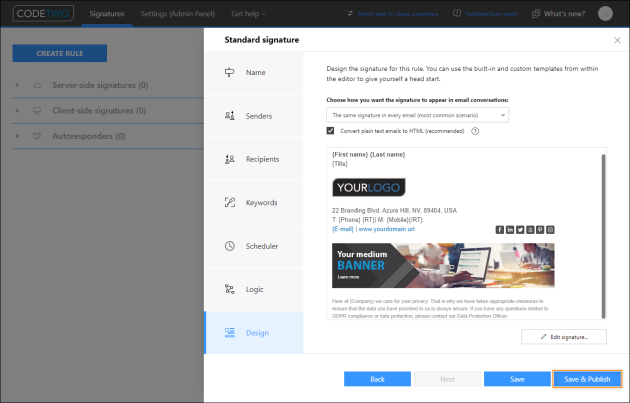Saving changes and publishing the signature rule in the signature management app.