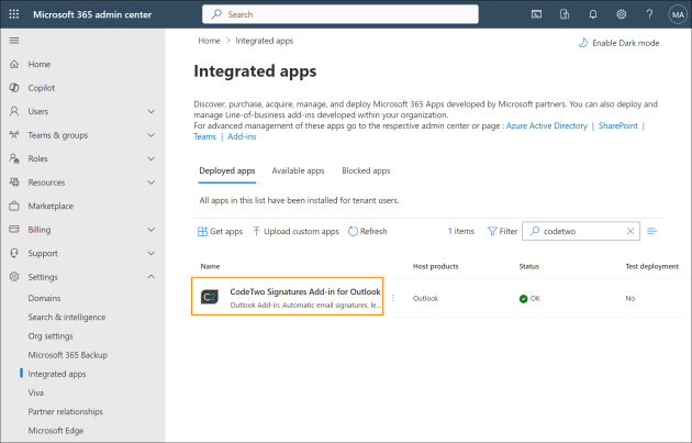 The CodeTwo Outlook Add-in listed on the Integrated apps page.