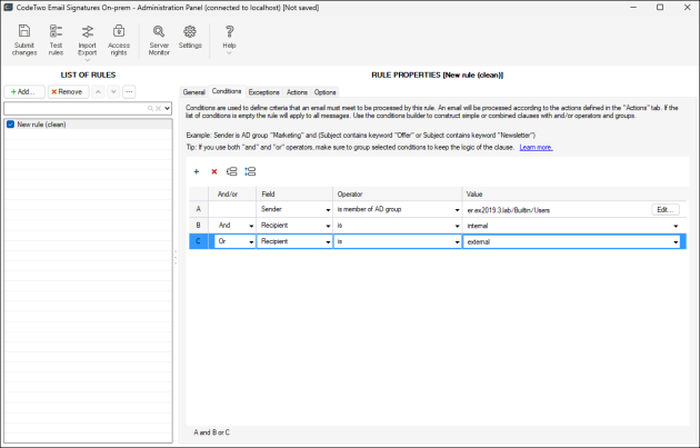 Defining the conditions of an email rule.