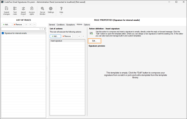 Opening the template editor to design a signature.
