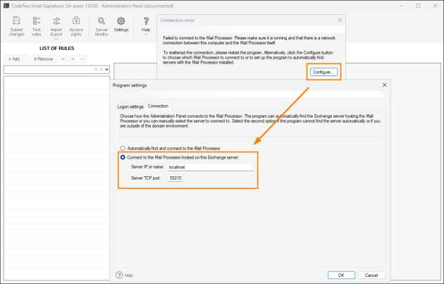 Manual configuration of the connection to Email Signatures On-prem Services.