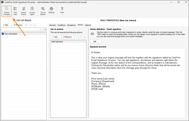 Saving the created rule in the Administration Panel.
