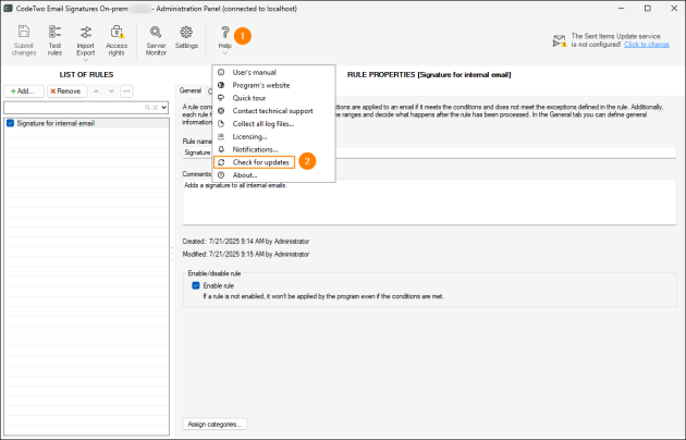 The Check for updates option in CodeTwo Email Signatures On-prem.
