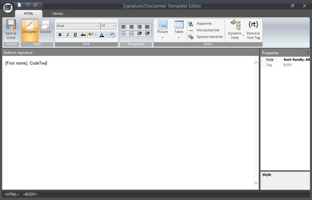 The Signature template editor.