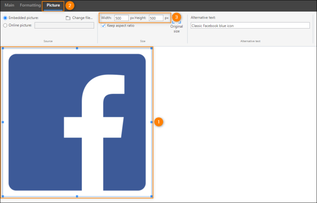 Resizing an already inserted image with the controls on the Picture tab.