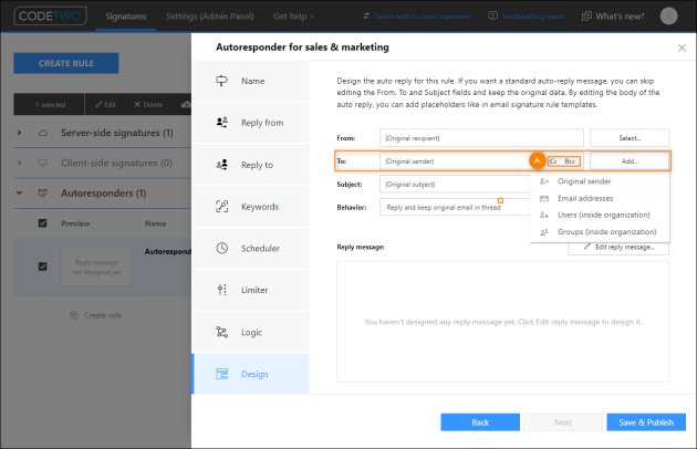 The To, Cc and Bcc fields are where you specify the recipients of your auto-reply message.
