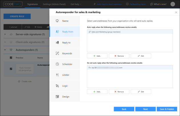 The Reply from step. The autoresponder rule is triggered if users/addressed defined here receive an email.