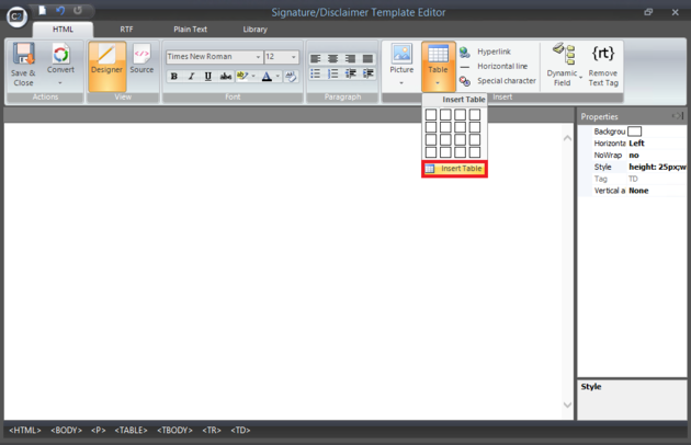 Email Signatures - Open Insert table editor.