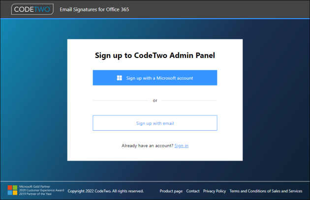 The CodeTwo Admin Panel's account creation page.