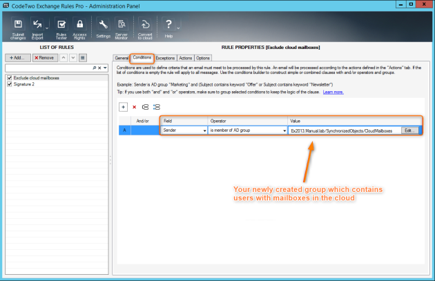 Setting up a rule to exclude users with online mailboxes from further processing.