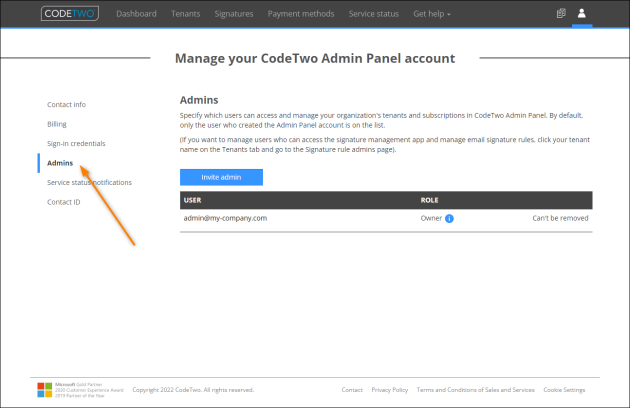 Accessing the Admins management page in the CodeTwo Admin Panel.