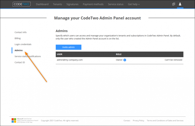 Accessing the Admins management page in the CodeTwo Admin Panel.