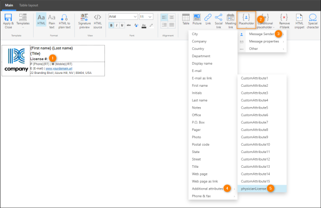 Inserting the CodeTwo custom attribute into the signature template.