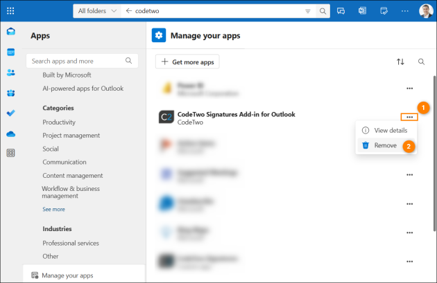 Removing the CodeTwo Signatures Add-in for Outlook manually in Outlook/OWA.