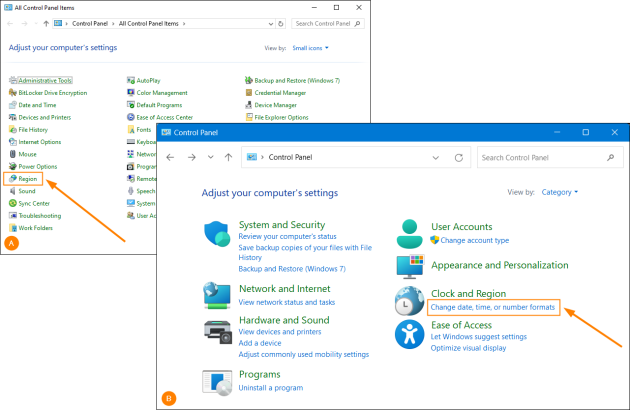 Accessing regional settings in Control Panel.