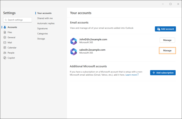 Accessing the email account settings in the new Outlook for Windows.