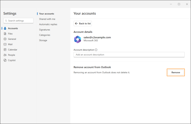 Removing a secondary email account from the new Outlook for Windows.