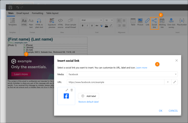 Adding a social media button to the signature template.