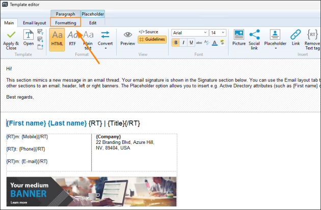 The Formatting tab in the template editor.