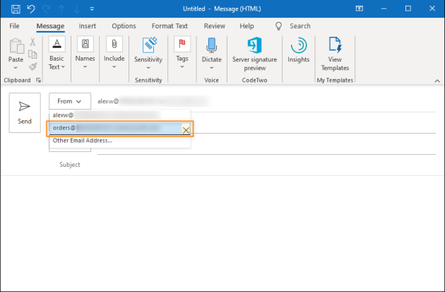 Selecting a different mailbox as an email sender.