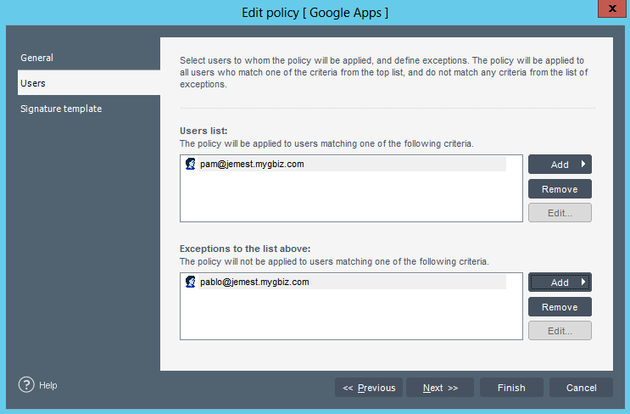 The list of policy users and the exceptions from this list.