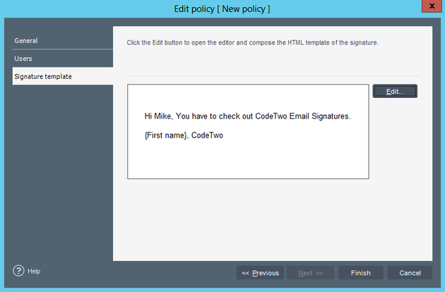 Policy edition view - Signature template tab.