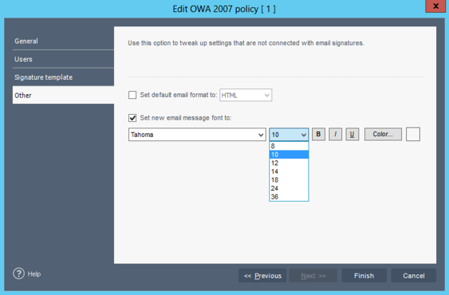 Selecting the e-mail font size.
