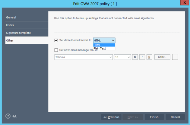 Choosing the default e-mail format.