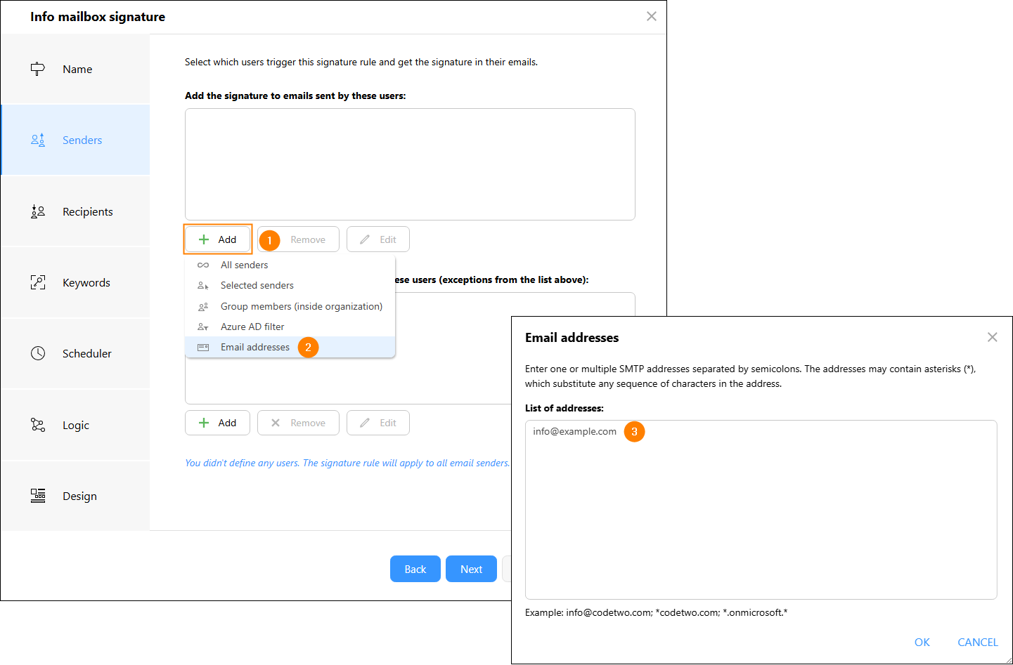 Adding a shared mailbox’s email address in the Senders step.