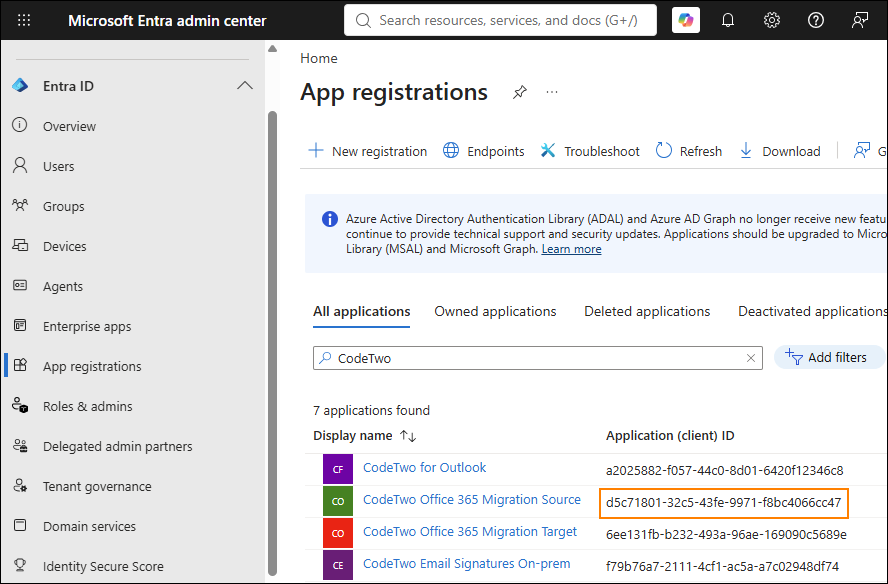Fig. 4. CodeTwo app IDs visible in the Microsoft Entra admin center.