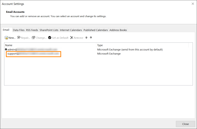Shared mailbox added as a secondary account in Outlook for Windows.