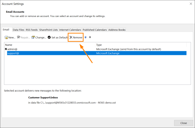 Removing a secondary email account from Outlook for Windows.