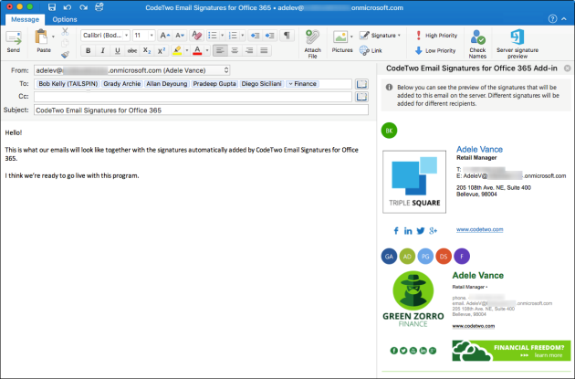 Previewing signatures in Outlook for Mac. Here, the preview pane shows two signatures: an external signature (recipient: Bob K.) and an internal signature (multiple recipients).