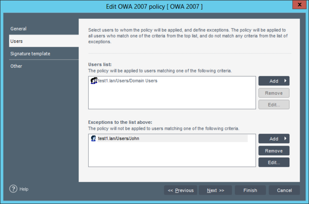 The list of policy users and the exceptions from this list.
