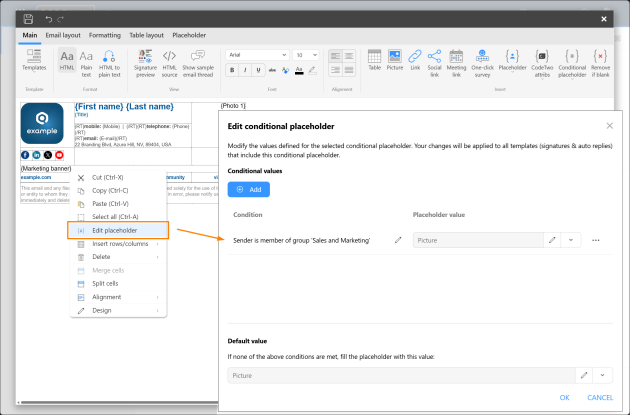 Editing a conditional placeholder by using the Edit placeholder option from the shortcut menu.