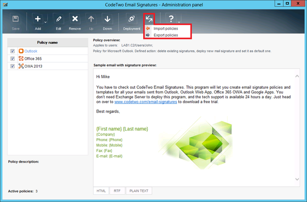 Email Signatures - import / export settings.