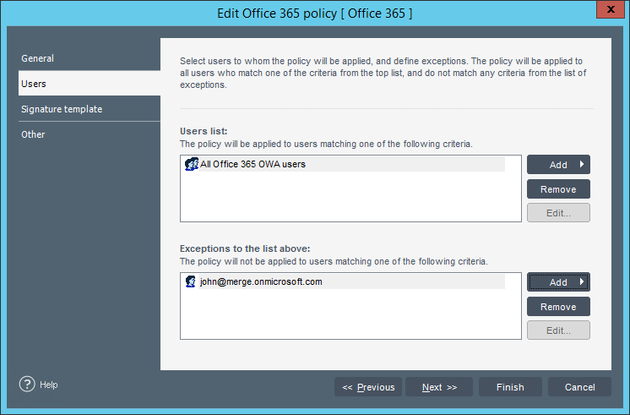 Email Signatures - O365 users selected.